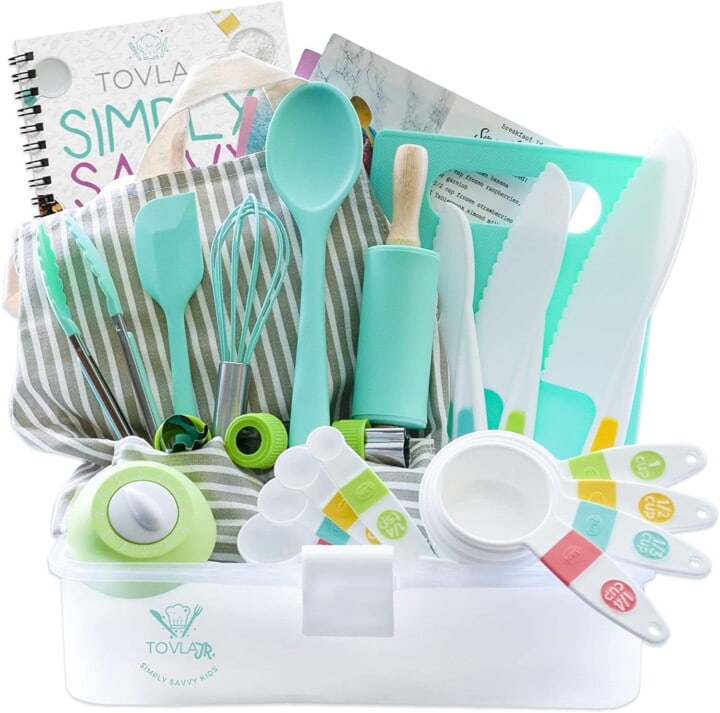 clear tote that is full of baking equipment that kids need