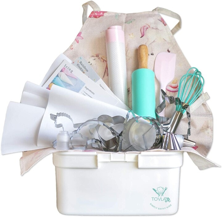 unicorn baking set with pink and blue items.