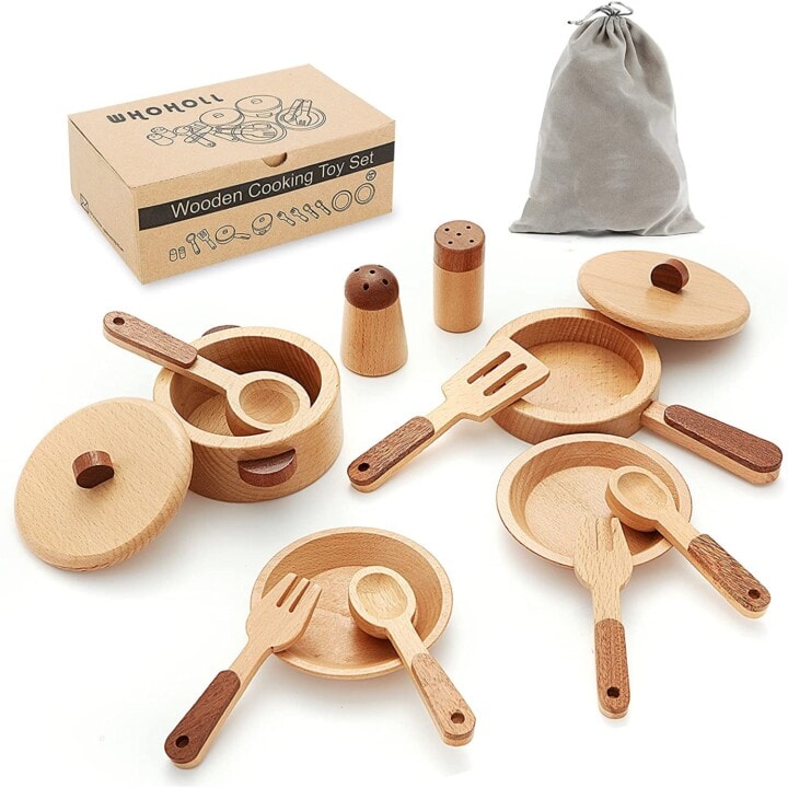 Medium and dark wood cookware for kids play kitchen.