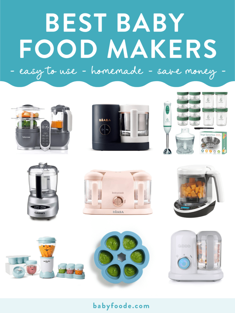 Graphic for post - best baby food makers - easy to use - homemade - save money. Images are of the 9 best baby food makers against a white background.