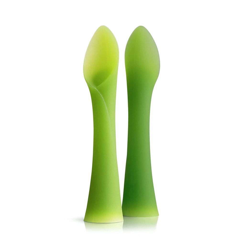 green leaf shaped spoons for baby.