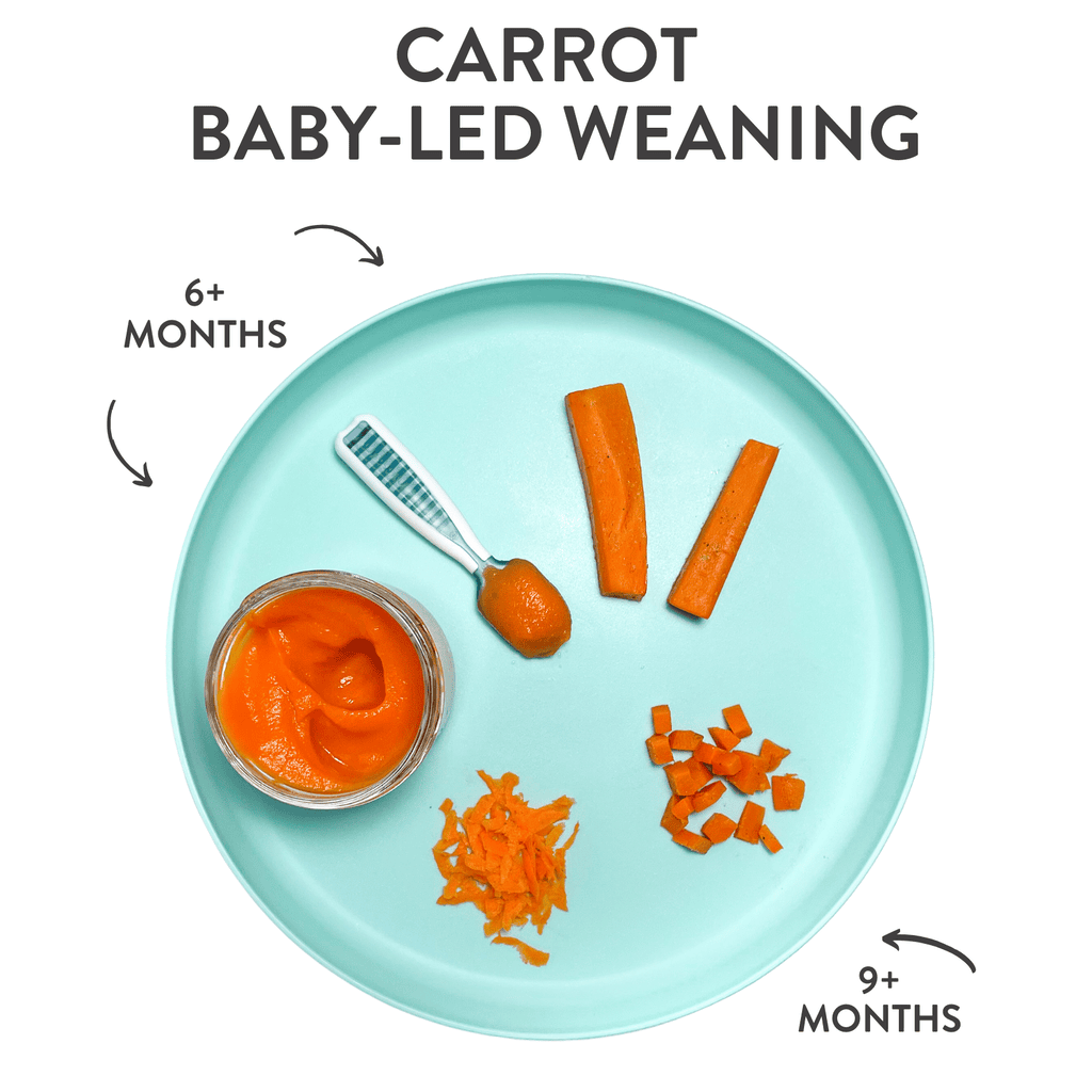 blue baby plate with different ways and sizes to serve to your baby with graphics and arrows showing which one for which age.