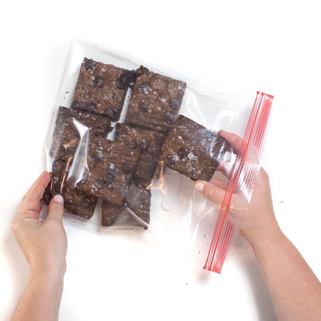 Hence putting brownies into a Ziploc bag for the freezer.