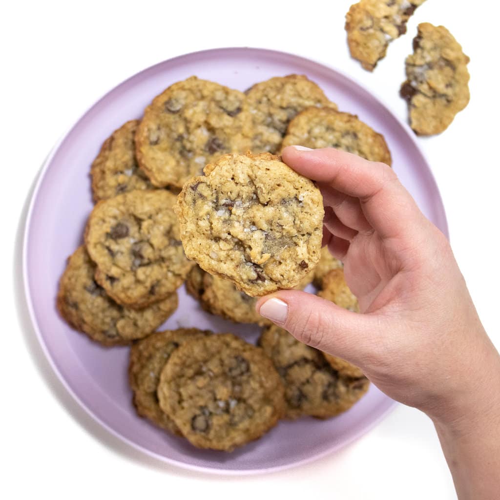 A purple plate full of lactation cookies and a hand holding one close to the camera.