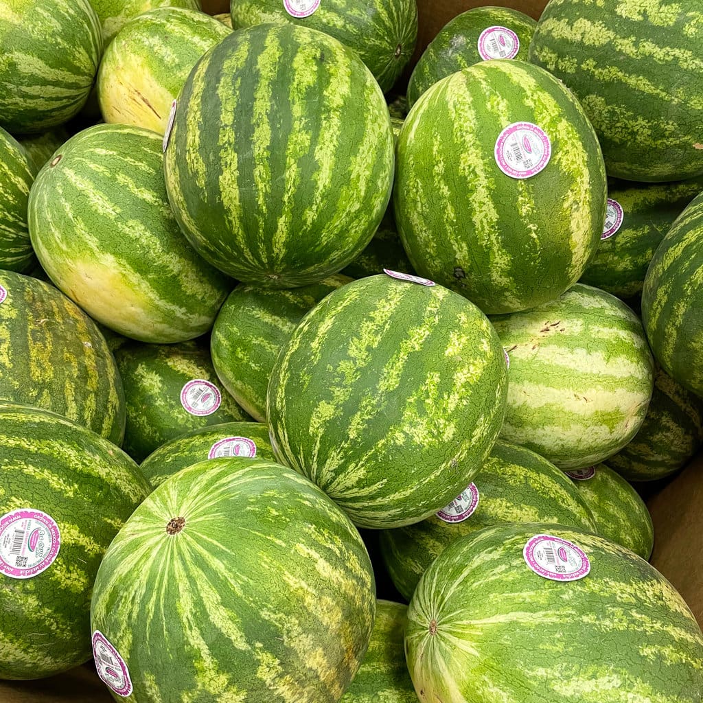 Box of watermelons at the grocery store.