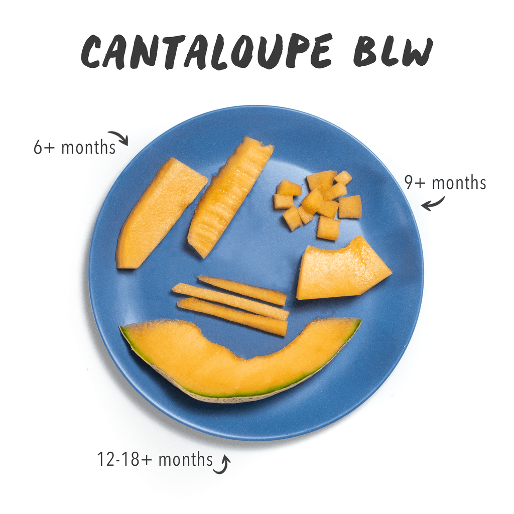 Graphic of a photo showing how to eat a cantaloupe for baby-led weaning. Cantaloupe is on a baby's blue plate cut in different ways.