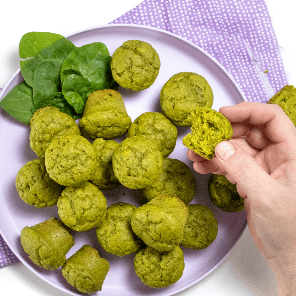 hand holding a half of spinach muffin over a purple kids plate filled with mini muffins on a white kitchen countertop. 