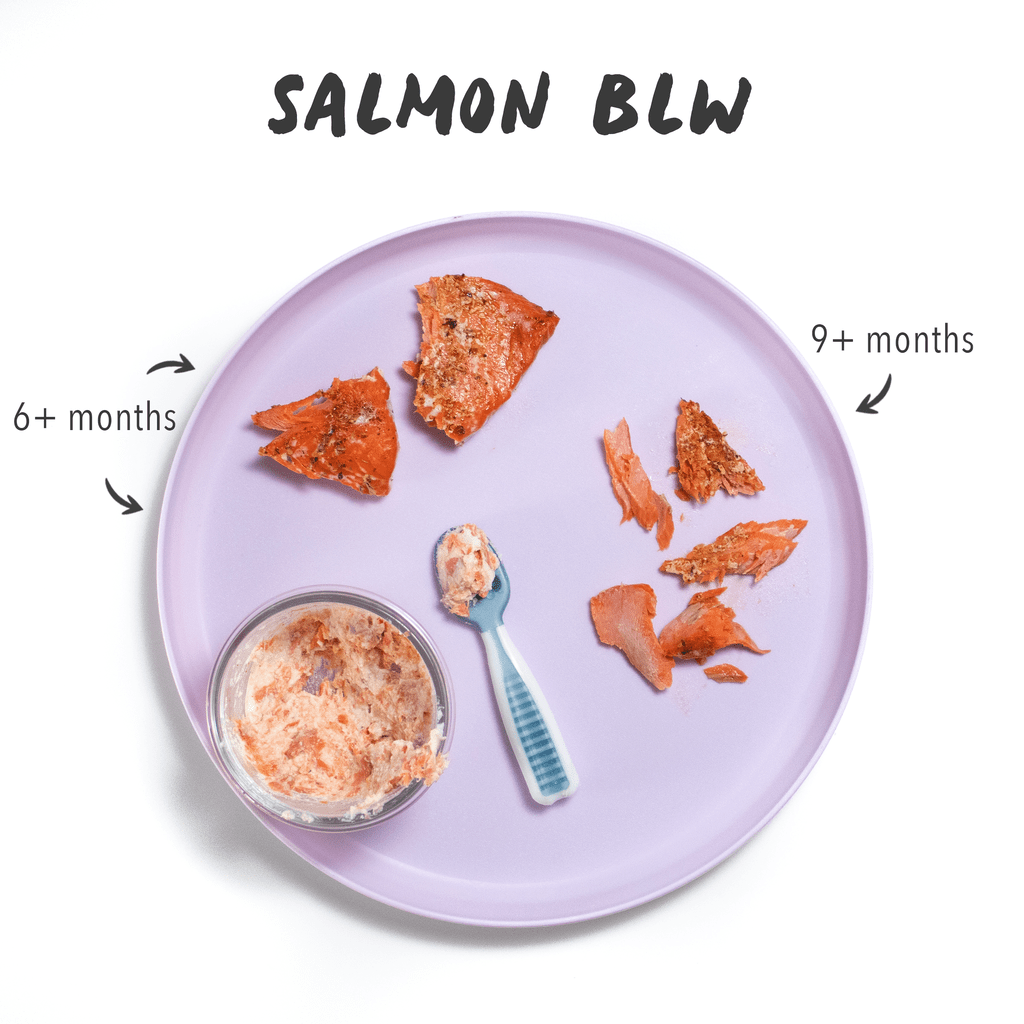 Salmon for baby-led weaning. Graphic showing different sizes you can serve salmon to a baby.