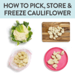 graphic for post - how to pick, store and freeze cauliflower. Images are in a grid showing a cauliflower, a cutting board with cut cauliflower, frozen cauliflower and a pink plate with cut florets.