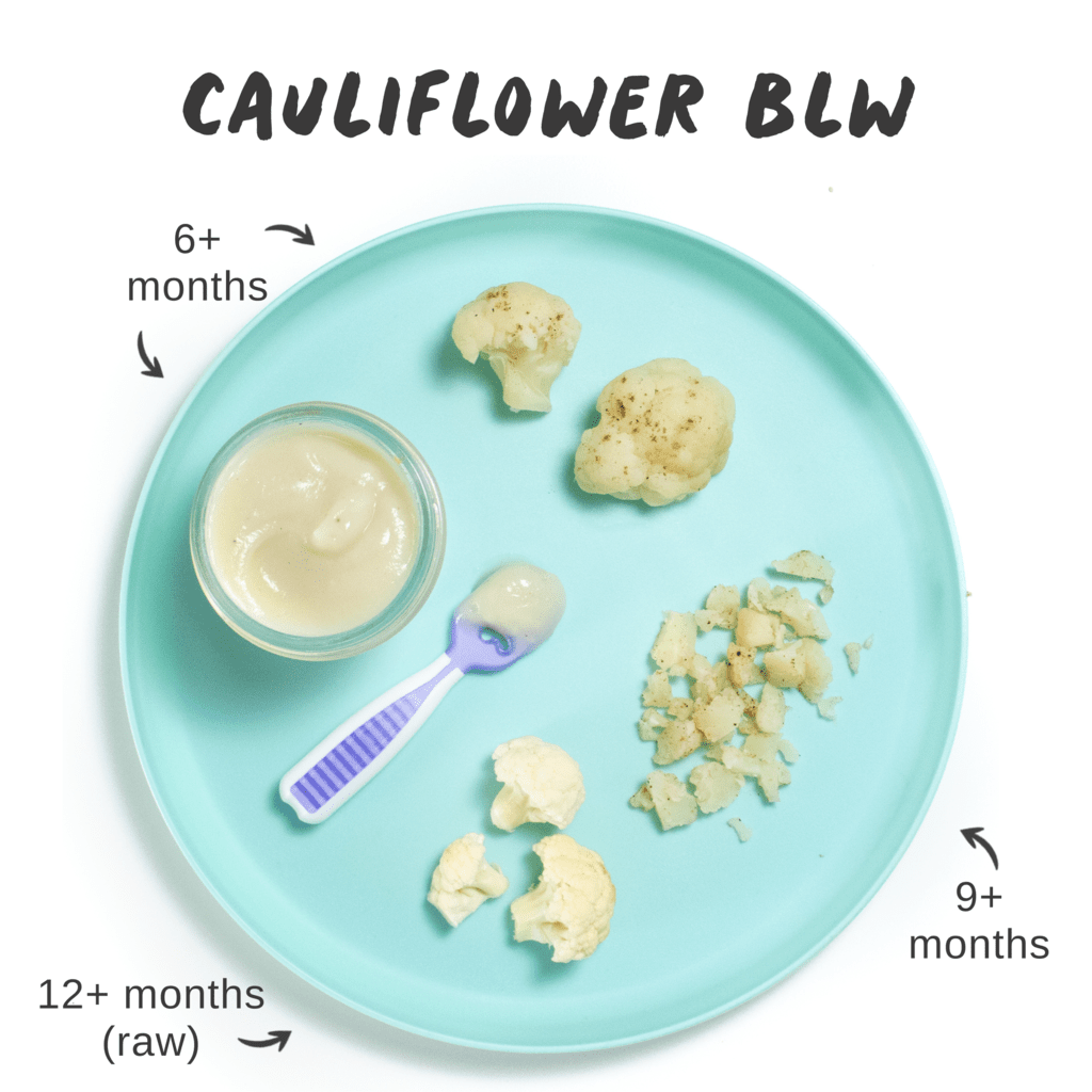graphic for post - cauliflower for baby-led weaning. Images is of a teal baby plate with different ways how to serve cauliflower to your baby.