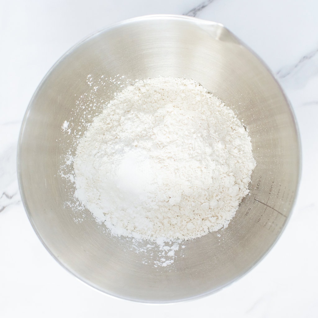 A mixing bowl full of flour.