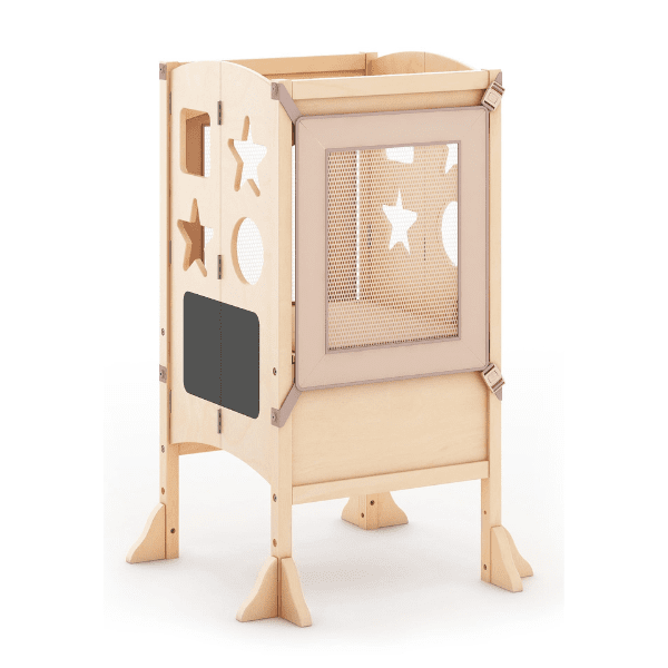 Learning tower with fun shape cutouts for kids.