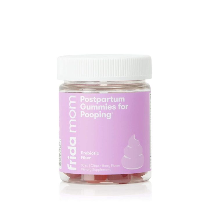 Clear jar with pink purple label with pink gummies