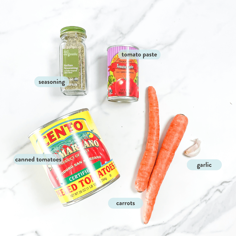 spread of ingredients for recipe on a marble counter top.
