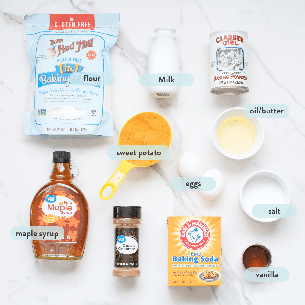 Spread of ingredients on a marble counter with labels on what they are.
