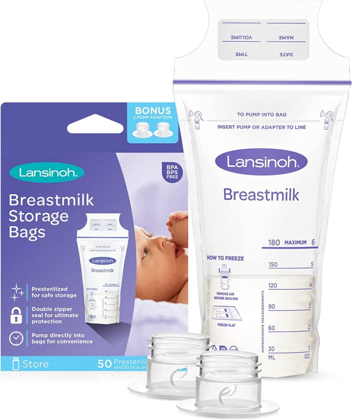 white background and plastic breast milk storage bags with purple trim.