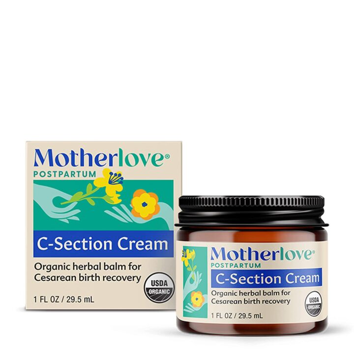 a jar and box with green and blue writing for c-section scar cream.