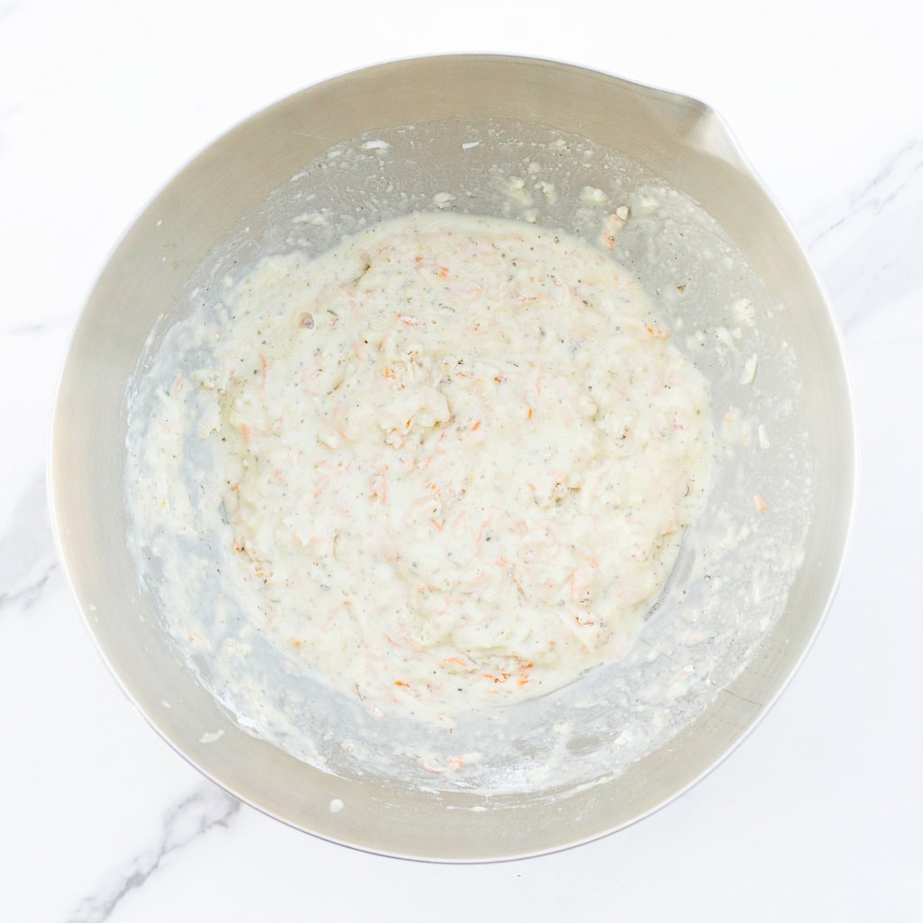 It's silver mixing bowl with the wet and dry ingredients mixed together for pizza muffins.
