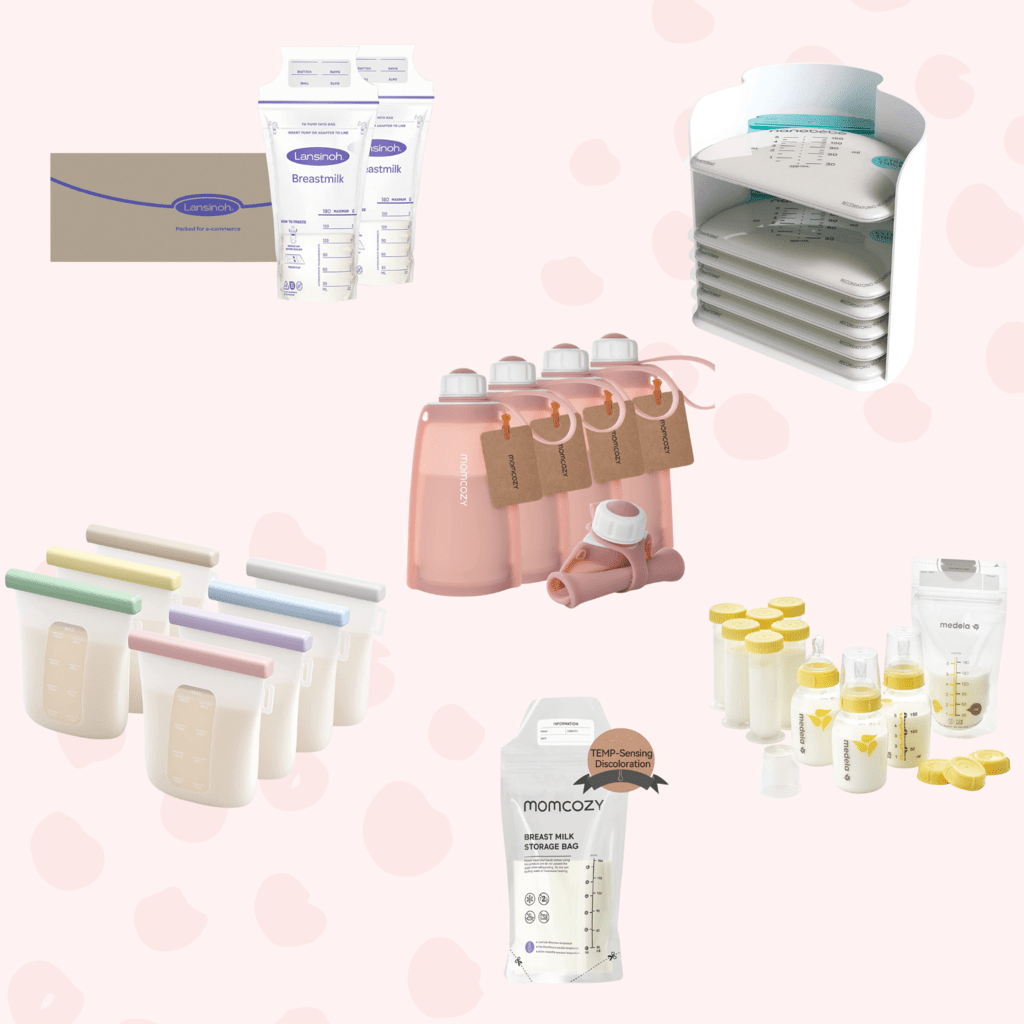Graphic for post - best breast milk storage bags - guide to how to store and best brands. Images is of a spread of products to hold pumped milk.