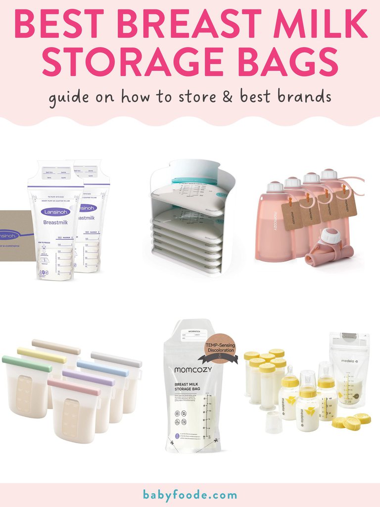 Graphic for post - best breast milk storage bags - guide to how to store and best brands. Images is of a spread of products to hold pumped milk.