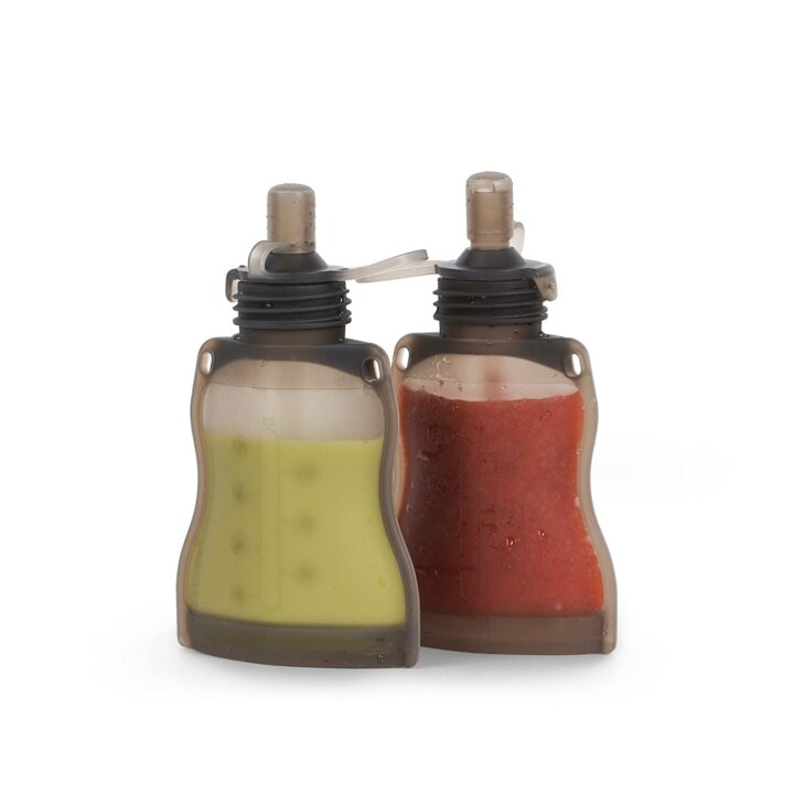 gray reusable pouches made of silicone against a white background.