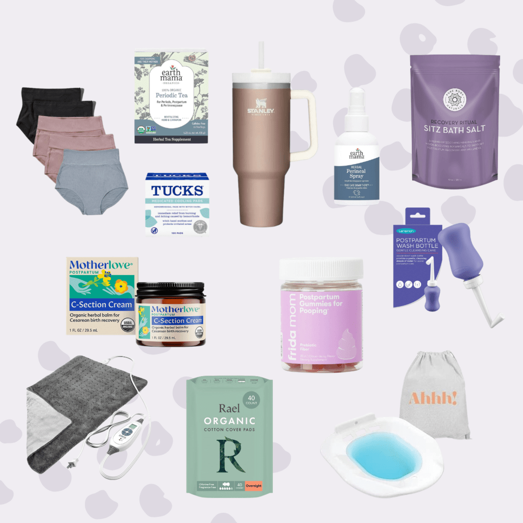 graphic for post - postpartum recovery essentenials - images are a spread of objects that help new moms after they give birth.