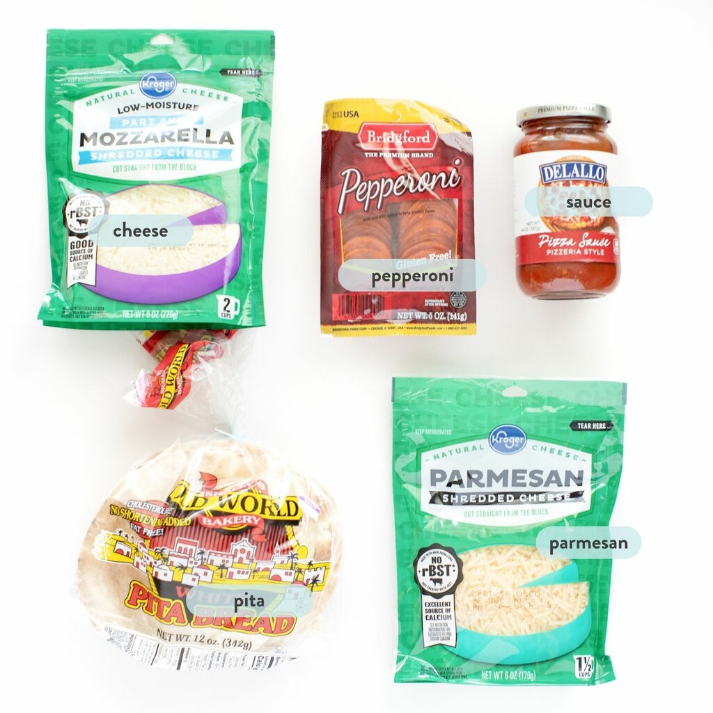 Ingredients spread on a white background for pita pizza.