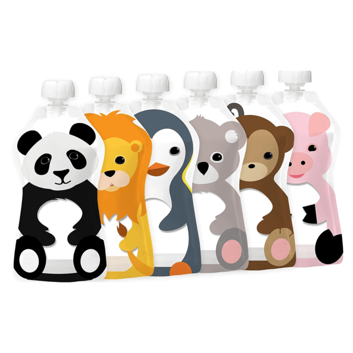 cute animal babies on the front of a clear reusable pouch.