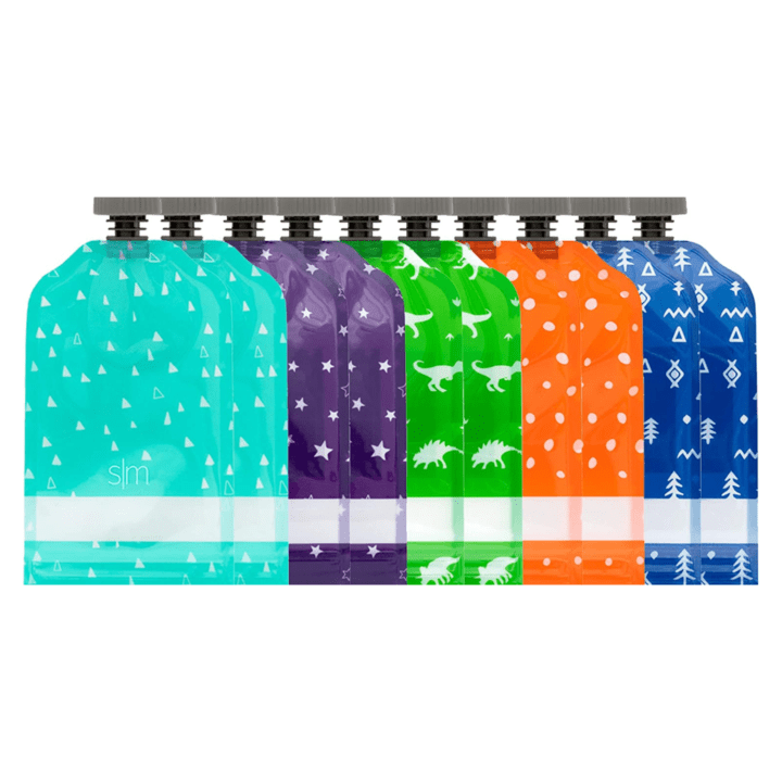 bright and colorful reusable baby food pouches with fun and playful kid designs on them.