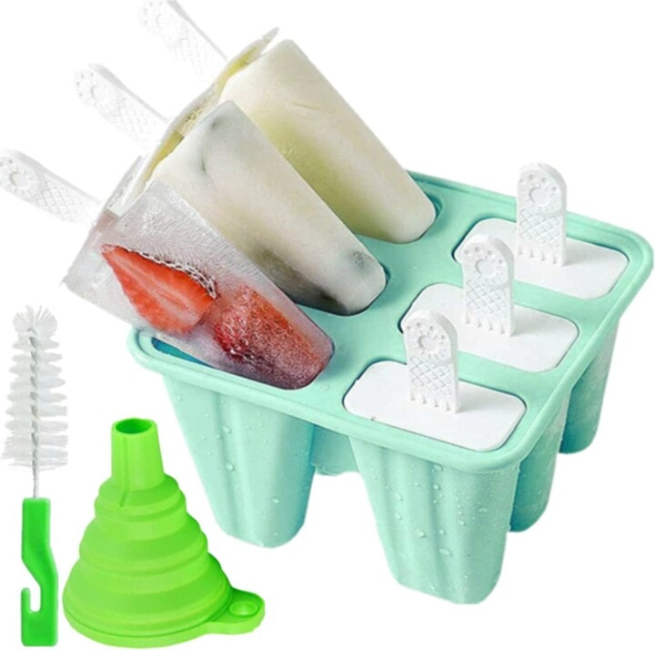 Teal popsicle mold with 6 spots for popsicles with a funnel and cleaner against a white background.