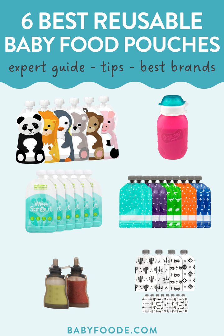 Graphic for post – six best reusable baby food pouches, expert guide, tips, best brands. Images of different brands of reusable pouches for baby with colorful images and pictures.