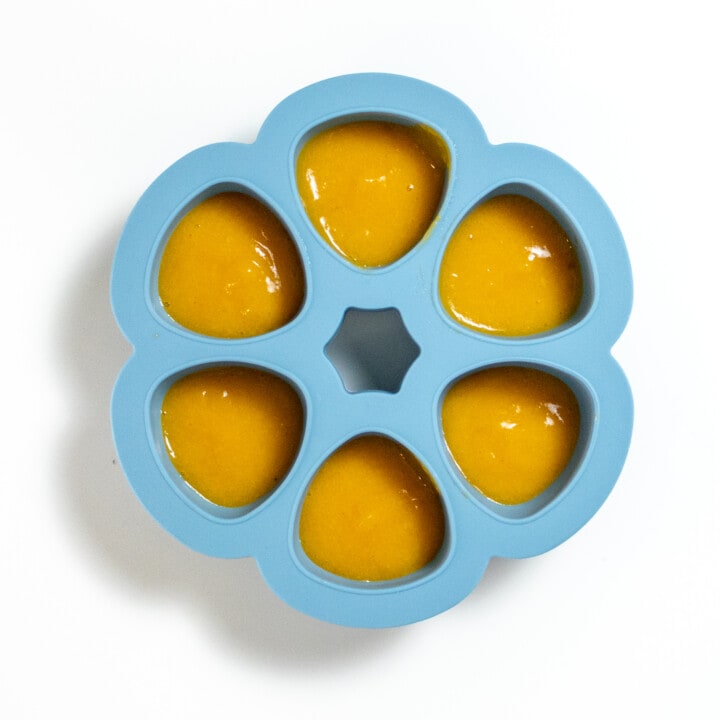 Blue Fraser tray full of apricot purée against a white background.
