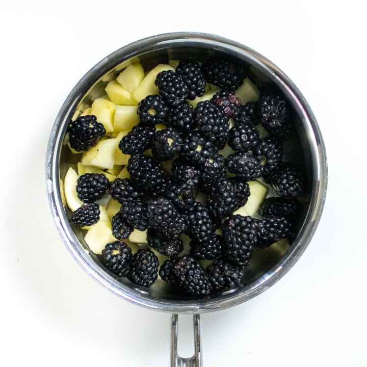 small stainless steel saucepan with blackberries and apples.