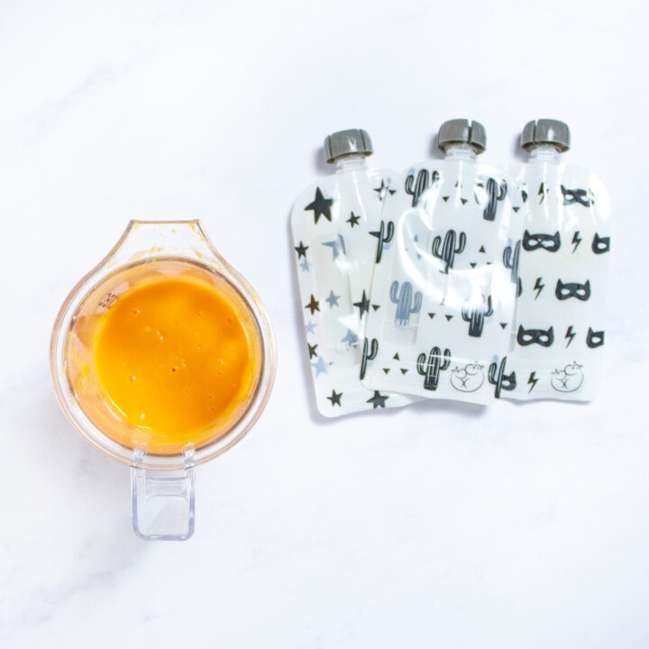 A blender of sweet potato purée and three baby food pouches.