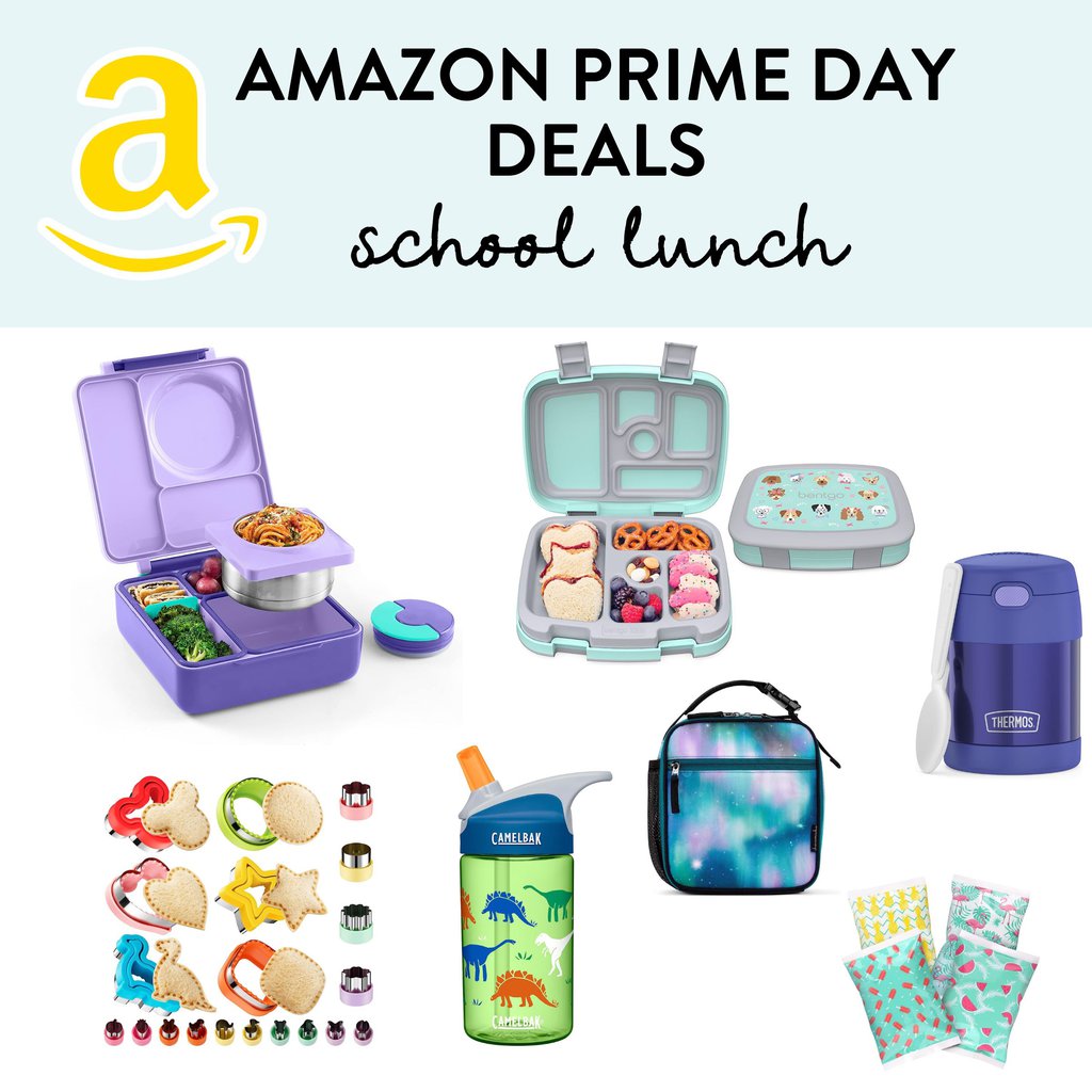 Graphic for post - amazon prime day deals - school lunch. Image is of a grid of different products against a white background.