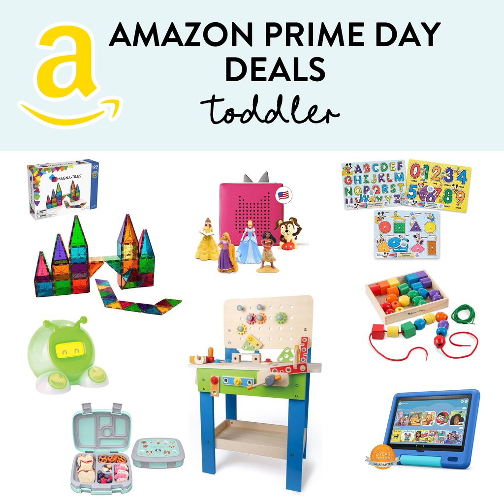 graphic for post - amazon prime day deals for toddlers. Image is a grid of different products for baby and toddler that are on sale.
