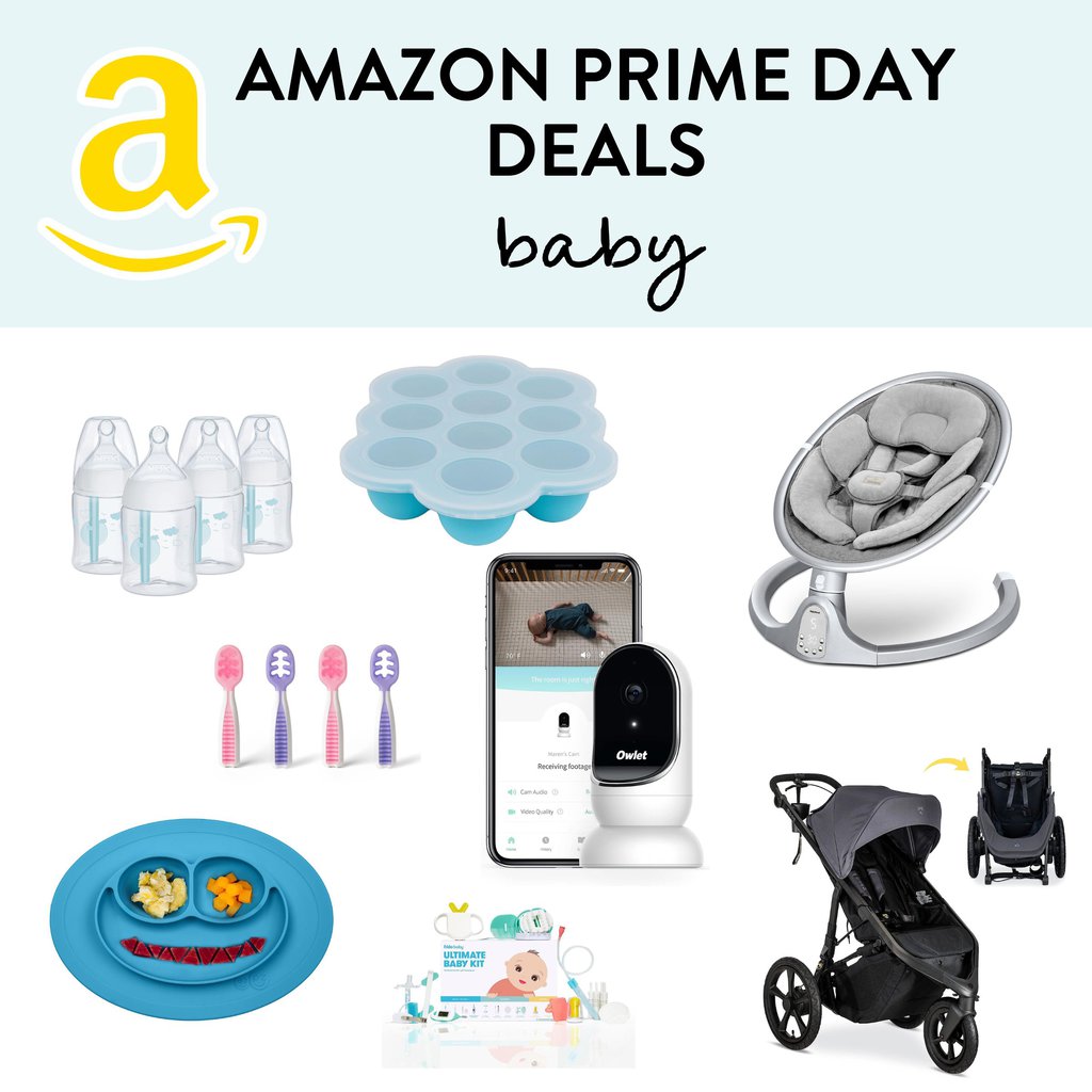 graphic for post - amazon prime day deals - baby. Image is of a grid of image products against a white background.