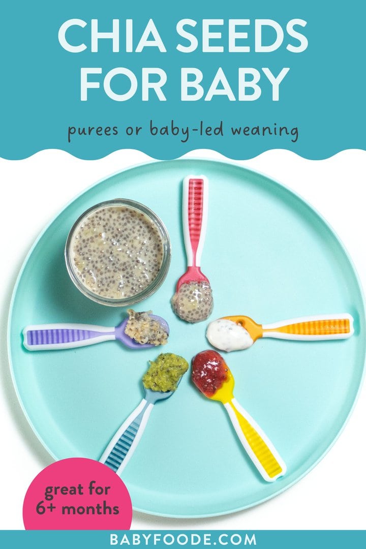 Graphic for post - chia seeds for baby, purees and baby-led weaning. Great for 6t months. Image is of a blue baby plate with five different colorful spoons loaded with different ways to serve chia seeds to baby.