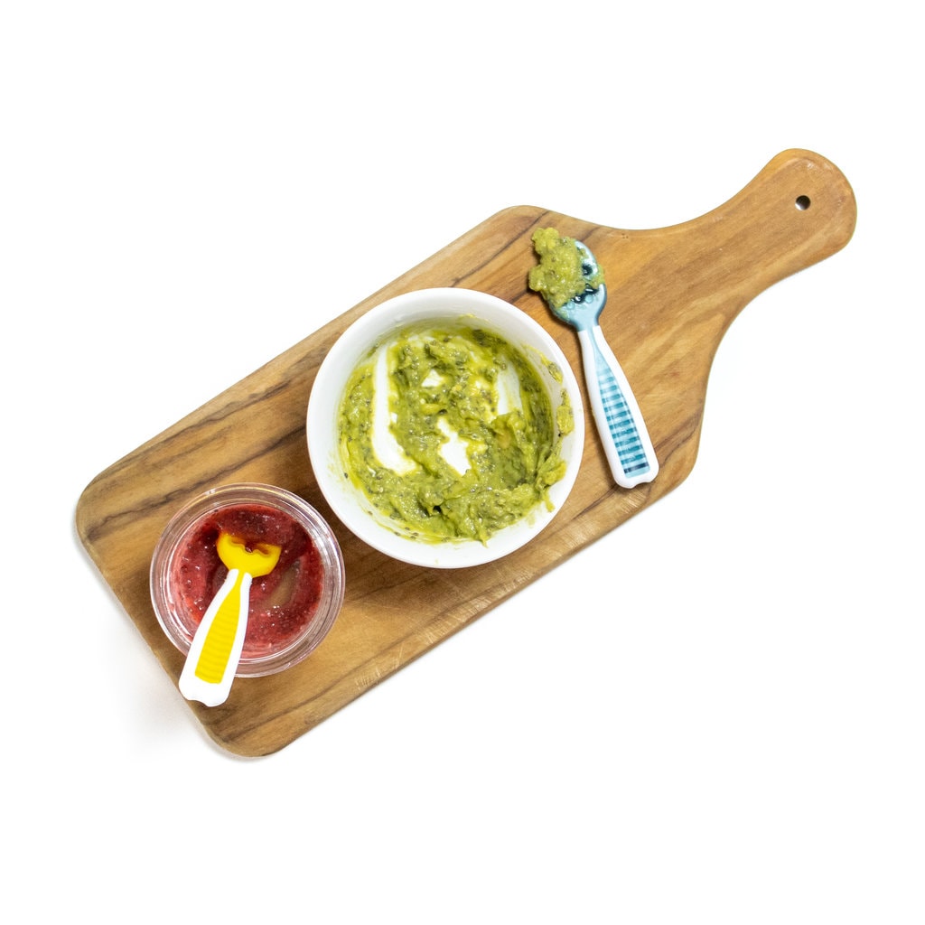 Wood cutting board with different ways to serve chia seeds.