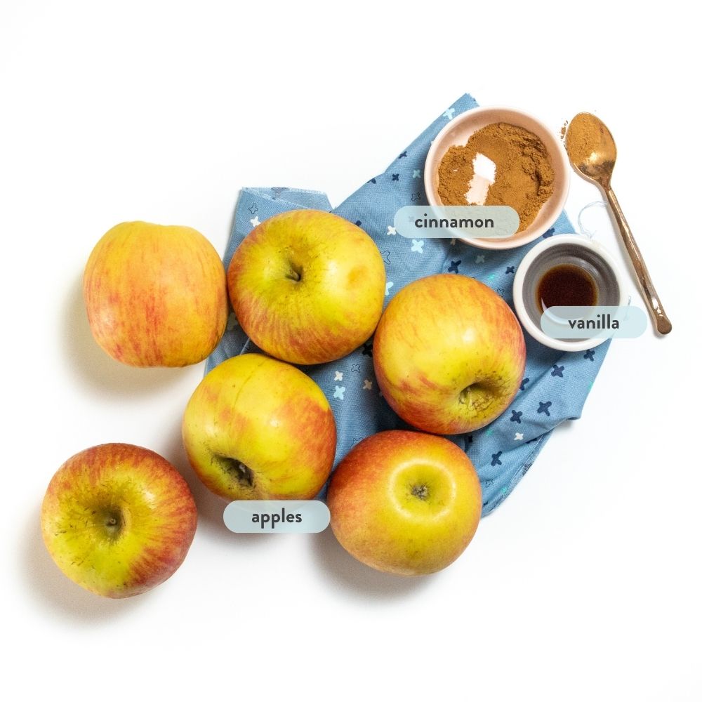 Spread of ingredients for no sugar added applesauce with text next to each one.
