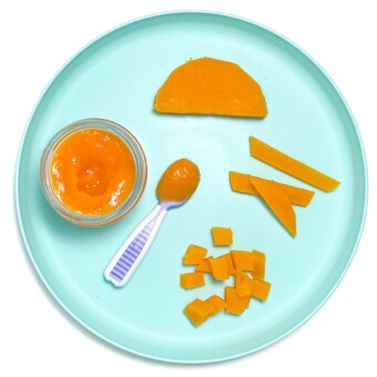 teal baby plate showing different ways to feed baby butternut squash.