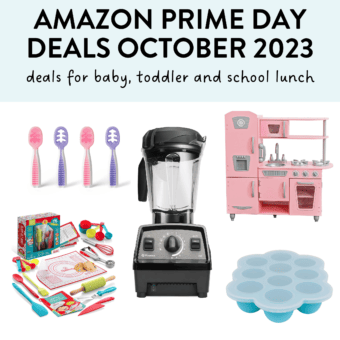 Graphic post – Amazon prime day deals, October 2023, deals for kids, toddler and school lunch. Images of a grid against away background of products for younger kids.