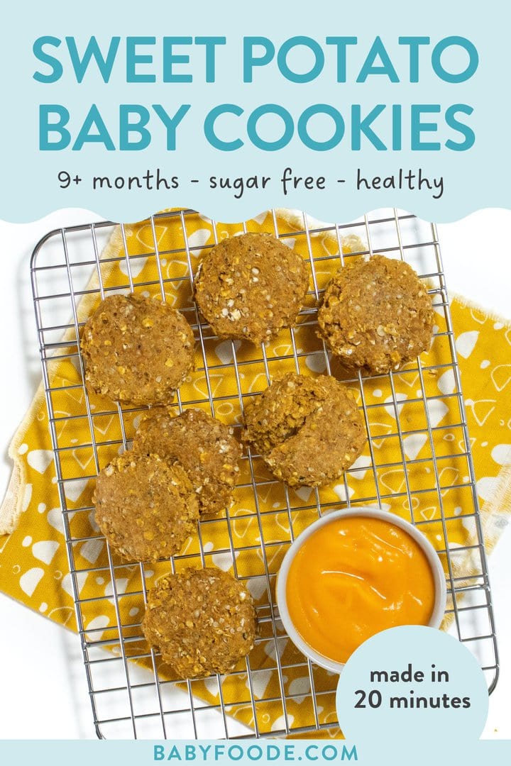 Graphic for post – we potato baby cookies, 9+ months, sugar-free, healthy, made in 20 minutes. Images of a small cooling rack with baby cookies on top in a small bowl of soup potato purée.