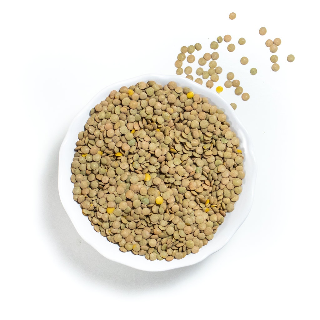 White bowl full of green lentils spilling out of the bowl on a white countertop.