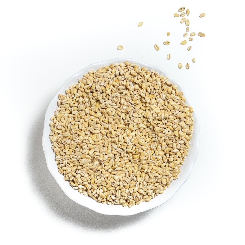 White bowl full of dry barley with some spilling out on a white countertop.