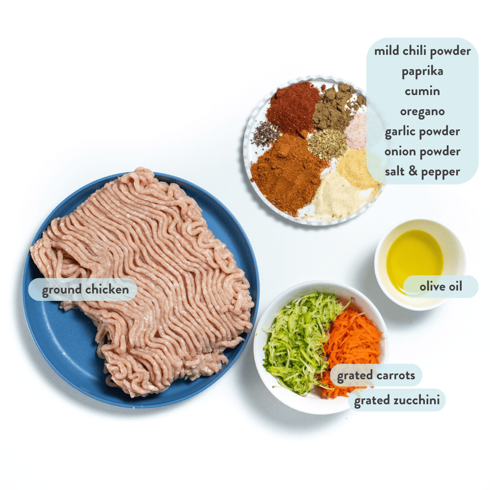 A spread of the ingredients for chicken, soft tacos with graphics, indicating what each ingredient is on a white countertop.
