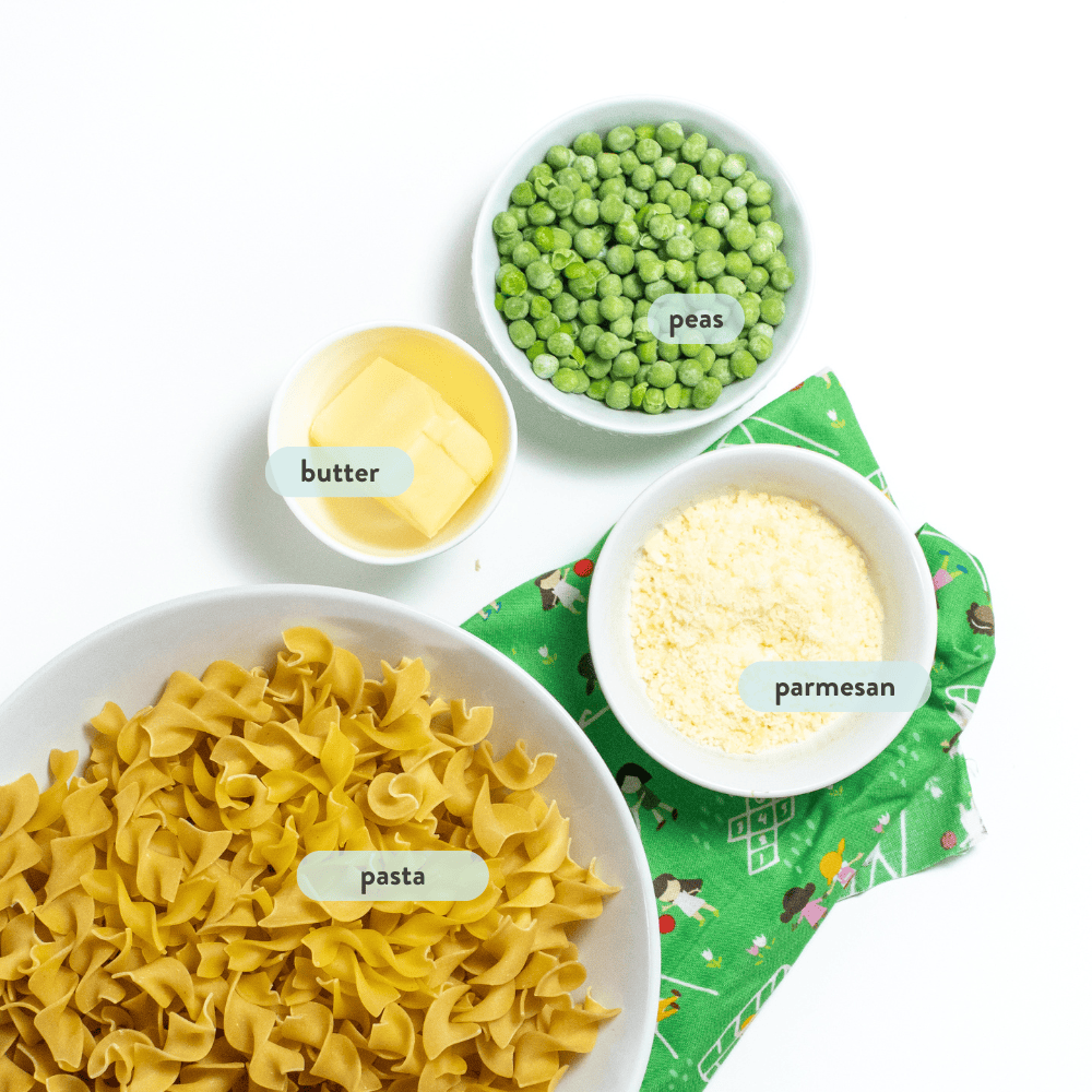 Graphic for post, four bowls with ingredients labeled with their names, peas, Parmesan, butter, pasta showing which ingredients you need for this recipe.