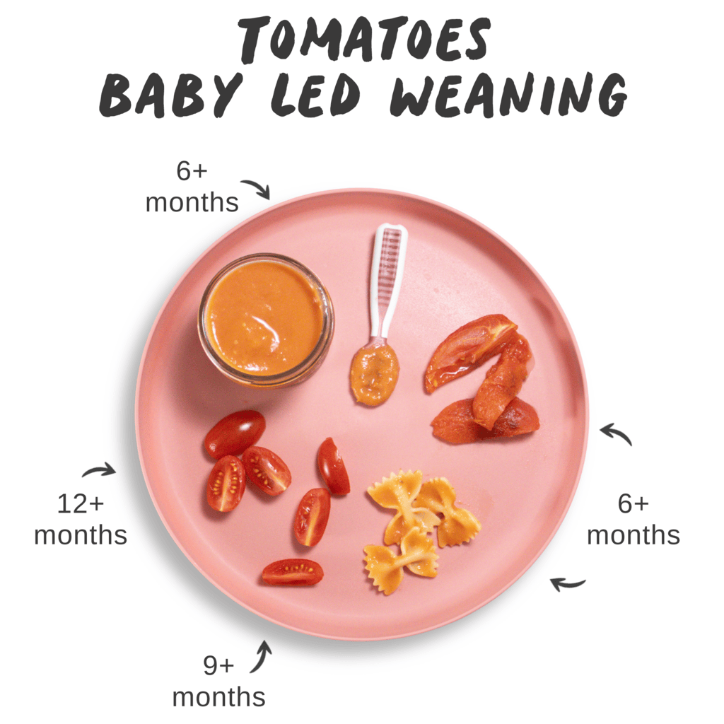 Pink baby plate with various ways to serve tomatoes to baby with graphics and arrows showing which age to serve to baby for baby-led weaning.