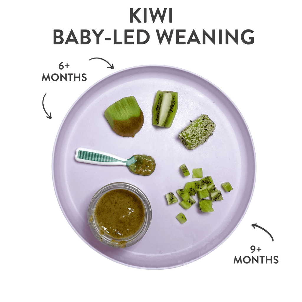 Purple baby plate with kiwi cut and pureed in different ways showing how you can serve it at different ages and stages.