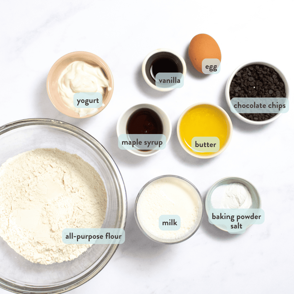 Ingredients for Mini Pancake Bites spread out on my counter in their own bowls.